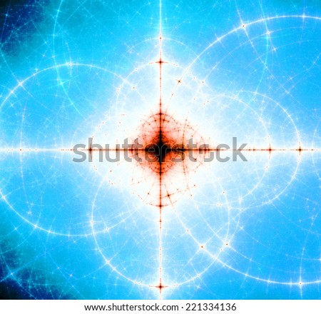 Abstract blue background with a black and orange center surrounded by a white corona and a detailed decorative pattern of interconnected white rings and circles in high resolution