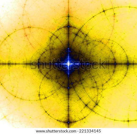 Abstract yellow background with a shining purple center surrounded by a dark shadow and a detailed decorative pattern of interconnected black rings and circles in high resolution