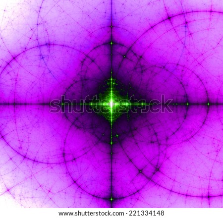 Abstract pink background with a shining green center surrounded by a dark shadow and a detailed decorative pattern of interconnected black rings and circles in high resolution