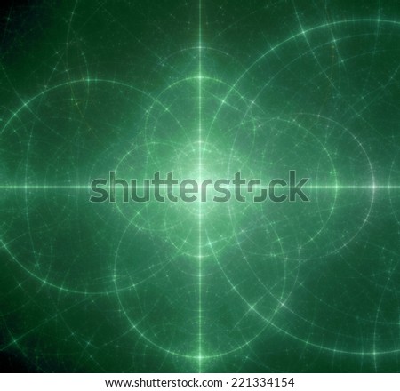 Abstract green background with a shining center and a detailed decorative pattern of interconnected glowing rings and circles in high resolution