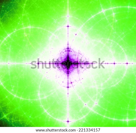Abstract green background with a black and blue center surrounded by a white corona and a detailed decorative pattern of interconnected white rings and circles in high resolution