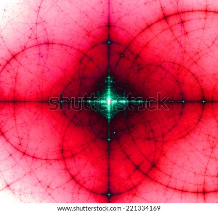 Abstract red-pink background with a shining green center surrounded by a dark shadow and a detailed decorative pattern of interconnected black rings and circles in high resolution