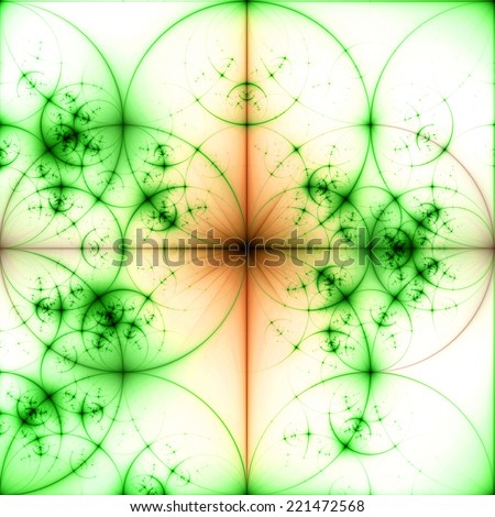 Abstract pastel colored green and orange background with a black star in the center and a detailed decorative pattern of interconnected dark rings and circles in high resolution