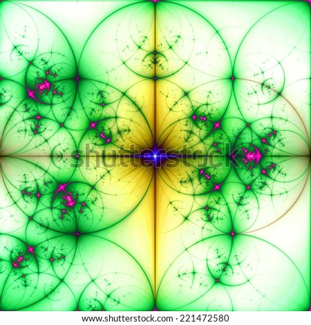 Abstract vivid green, pink, yellow and purple background with a shining star in the center and a detailed decorative pattern of interconnected dark rings and circles in high resolution