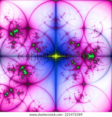 Abstract vivid pink, green, yellow and blue background with a shining star in the center and a detailed decorative pattern of interconnected dark rings and circles in high resolution