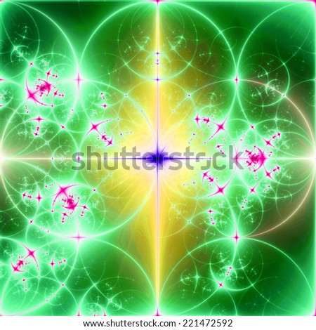 Abstract pink, purple, green and yellow background with a bright shining star in the center and a detailed decorative pattern of interconnected glowing rings and circles in high resolution