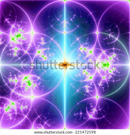 Abstract pink, blue, purple, green and yellow background with a bright shining star in the center and a detailed decorative pattern of interconnected glowing rings and circles in high resolution