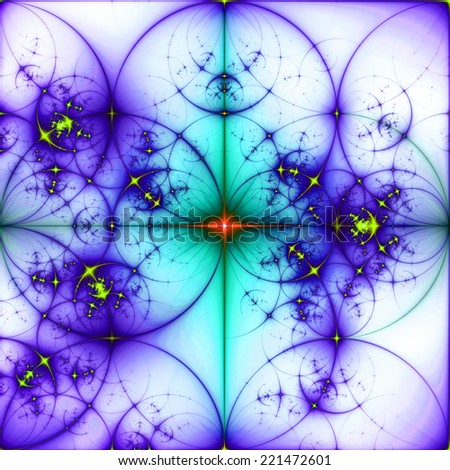 Abstract vivid purple, yellow, green and orange background with a shining star in the center and a detailed decorative pattern of interconnected dark rings and circles in high resolution