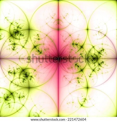 Abstract pastel colored pink, yellow and green background with a black star in the center and a detailed decorative pattern of interconnected dark rings and circles in high resolution
