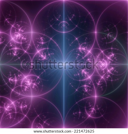 Abstract pink and blue background with a shining star in the center and a detailed decorative pattern of interconnected glowing rings and circles in high resolution
