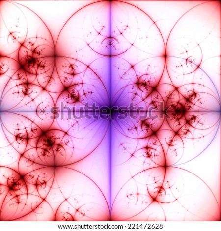 Abstract pastel colored red and pink background with a black star in the center and a detailed decorative pattern of interconnected dark rings and circles in high resolution