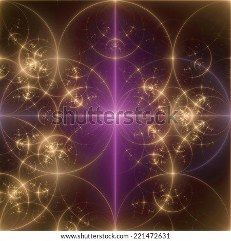Abstract pink and yellow background with a shining star in the center and a detailed decorative pattern of interconnected glowing rings and circles in high resolution
