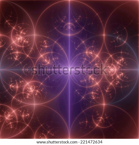 Abstract pink and red background with a shining star in the center and a detailed decorative pattern of interconnected glowing rings and circles in high resolution