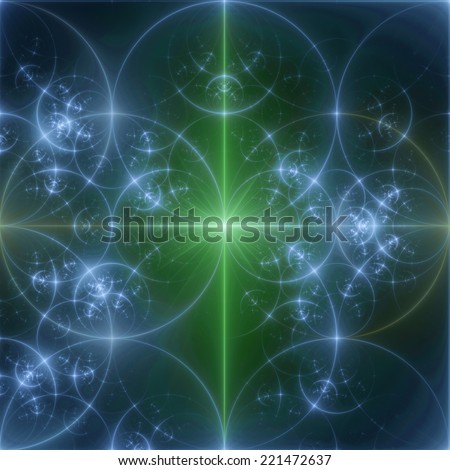 Abstract blue and green background with a shining star in the center and a detailed decorative pattern of interconnected glowing rings and circles in high resolution