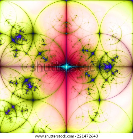 Abstract vivid yellow, purple, pink and cyan background with a shining star in the center and a detailed decorative pattern of interconnected dark rings and circles in high resolution