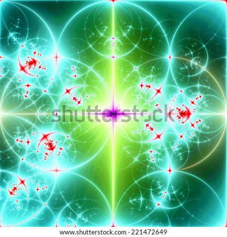 Abstract cyan, green, pink, red and yellow background with a bright shining star in the center and a detailed decorative pattern of interconnected glowing rings and circles in high resolution