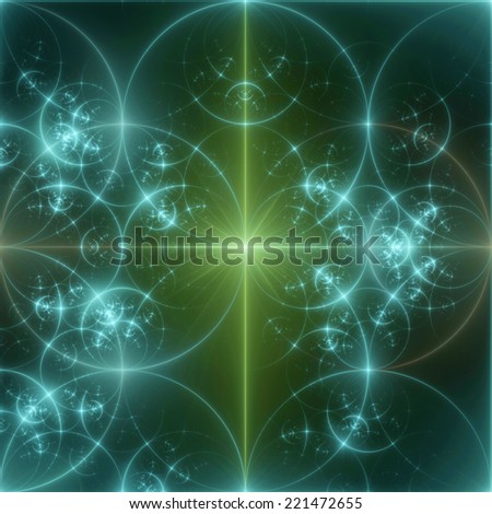 Abstract green and cyan background with a shining star in the center and a detailed decorative pattern of interconnected glowing rings and circles in high resolution