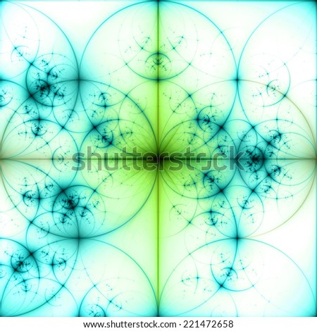 Abstract pastel colored blue and green background with a black star in the center and a detailed decorative pattern of interconnected dark rings and circles in high resolution
