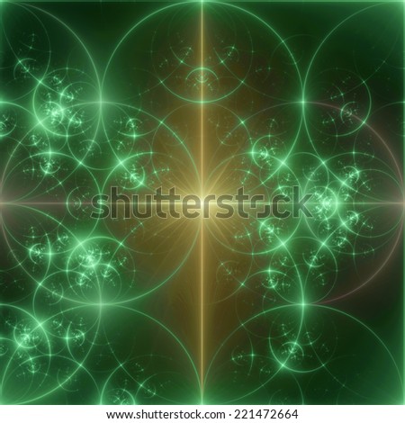 Abstract yellow and green background with a shining star in the center and a detailed decorative pattern of interconnected glowing rings and circles in high resolution