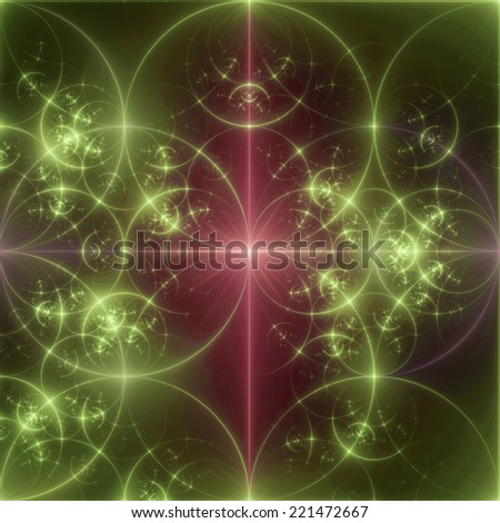 Abstract red and yellow-green background with a shining star in the center and a detailed decorative pattern of interconnected glowing rings and circles in high resolution
