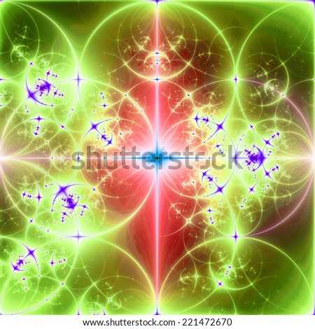 Abstract red, purple, green and blue background with a bright shining star in the center and a detailed decorative pattern of interconnected glowing rings and circles in high resolution