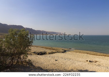 Beautiful view on the Dead sea beach and the coast on the other side of the sea, Israel