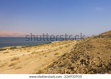 Beautiful view on the Dead sea beach and the coast on the other side of the sea, Israel