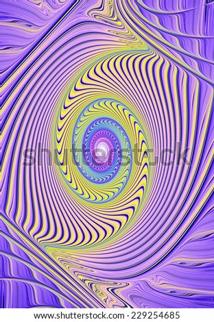 Abstract high resolution bright vivid yellow,blue and purple fractal spiral with a white center and with a detailed plastic wavy pattern purple color