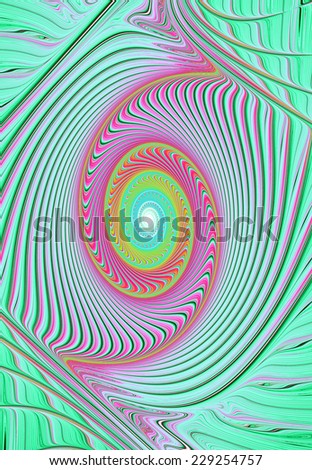 Abstract high resolution bright vivid pink,green,cyan and yellow fractal spiral with a white center and with a detailed plastic wavy pattern green color