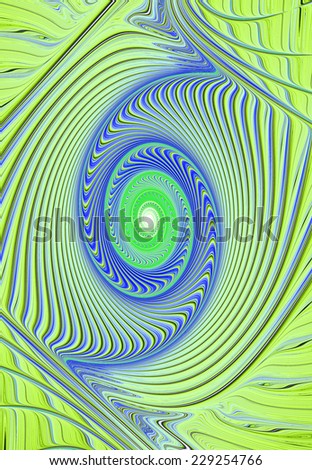 Abstract high resolution bright vivid blue and green fractal spiral with a white center and with a detailed plastic wavy pattern yellow-green color