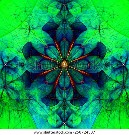 Beautiful abstract space flower with decorative flowers and arches surrounding it, all in vivid dark green,blue,red,yellow colors