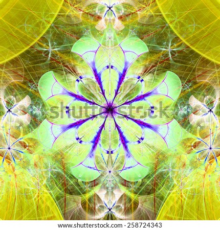 Beautiful abstract space flower with decorative flowers and arches surrounding it, all in bright yellow,green,pink,purple colors