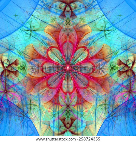 Beautiful abstract space flower with decorative flowers and arches surrounding it, all in vivid dark blue,yellow,teal,pink colors