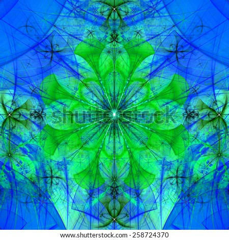 Beautiful abstract space flower with decorative flowers and arches surrounding it, all in vivid blue and green colors