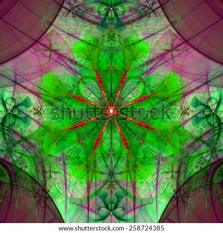 Beautiful abstract space flower with decorative flowers and arches surrounding it, all in vivid dark pink,green,red colors