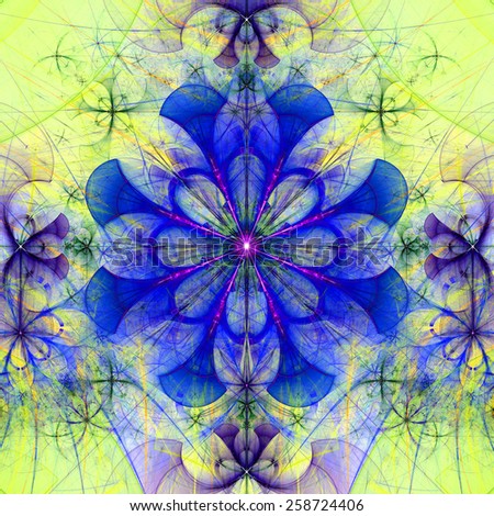 Beautiful abstract space flower with decorative flowers and arches surrounding it, all in vivid dark  blue,pink,yellow,green colors