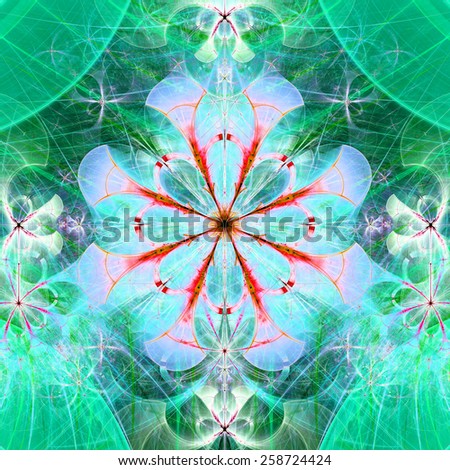 Beautiful abstract space flower with decorative flowers and arches surrounding it, all in bright green,blue,pink,red colors