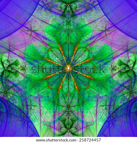 Beautiful abstract space flower with decorative flowers and arches surrounding it, all in pastel purple,green,orange,yellow,pink colors