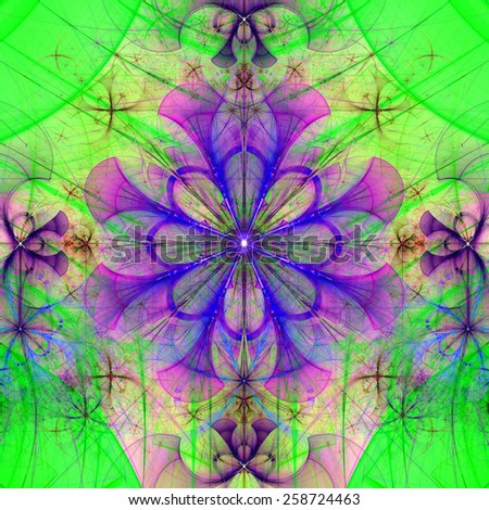 Beautiful abstract space flower with decorative flowers and arches surrounding it, all in vivid green,pink,purple colors