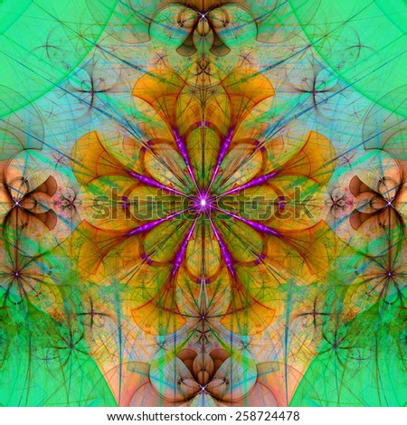 Beautiful abstract space flower with decorative flowers and arches surrounding it, all in vivid dark green,yellow,pink colors