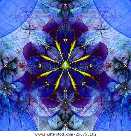 Beautiful abstract space flower with decorative flowers and arches surrounding it, all in vivid dark blue,purple,yellow,green colors