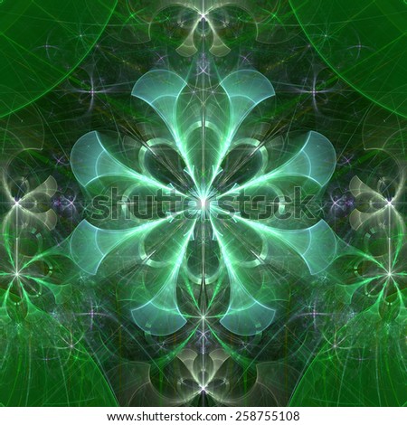 Beautiful shining abstract space flower with decorative flowers and arches surrounding it, all in green and purple colors and high resolution