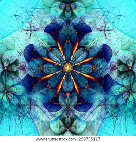 Beautiful abstract space flower with decorative flowers and arches surrounding it, all in vivid dark teal,purple,yellow,red colors