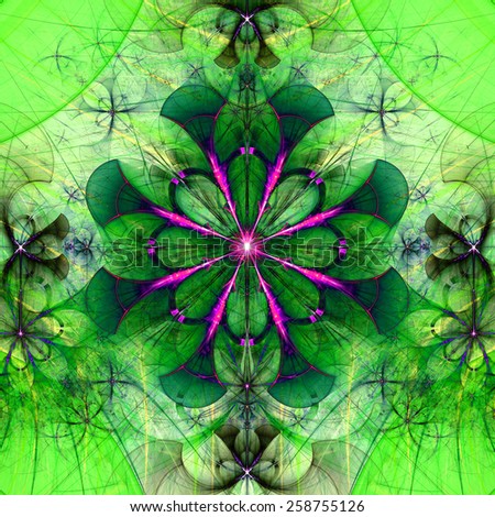 Beautiful abstract space flower with decorative flowers and arches surrounding it, all in vivid dark green,pink,yellow colors