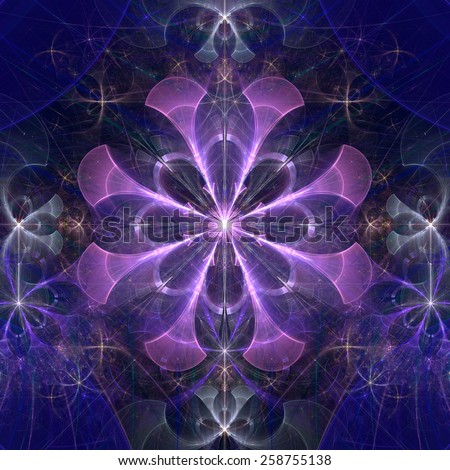 Beautiful shining abstract space flower with decorative flowers and arches surrounding it, all in pink and purple colors and high resolution