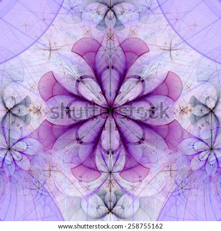 Beautiful abstract space flower with decorative flowers and arches surrounding it, all in dark pastel pink and purple colors