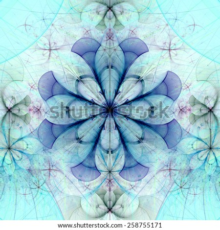 Beautiful abstract space flower with decorative flowers and arches surrounding it, all in dark pastel cyan and purple colors