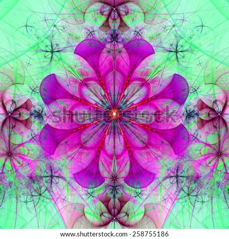 Beautiful abstract space flower with decorative flowers and arches surrounding it, all in vivid pink,blue,green colors