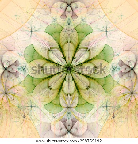 Beautiful abstract space flower with decorative flowers and arches surrounding it, all in dark pastel yellow and green colors