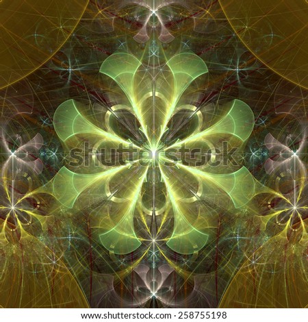 Beautiful shining abstract space flower with decorative flowers and arches surrounding it, all in yellow,green,pink colors and high resolution